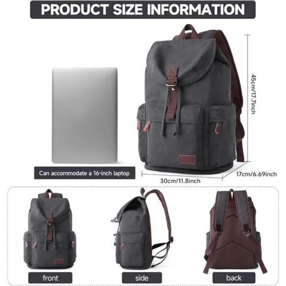 Canvas Backpack, Travel Backpacks Grey - Picture 2 of 7